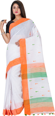 SAYAN CREATION Self Design Handloom Pure Cotton Saree(White, Orange)