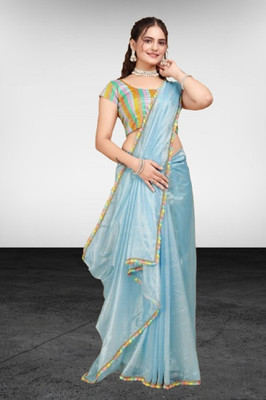 JSItaliya Solid/Plain Bollywood Net Saree(Light Blue)