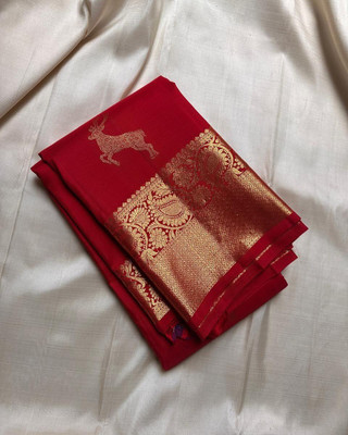 Bansari Textiles Woven, Solid/Plain, Self Design, Temple Border Banarasi Art Silk Saree(Red)