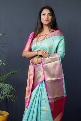 yourwish Self Design Banarasi Cotton Silk, Jacquard Saree(Light Blue, Pink, Gold)