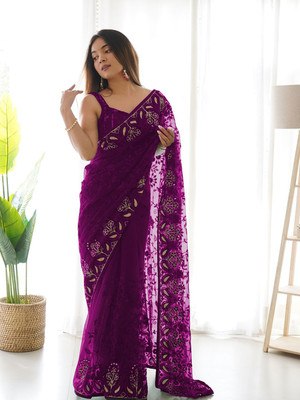 ANOUK Embroidered Chanderi Net Saree(Brown)