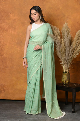 Very Much Indian Solid/Plain Handloom Pure Cotton Saree(Green)