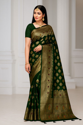 banalata fashion Printed Banarasi Satin Saree(Dark Green)