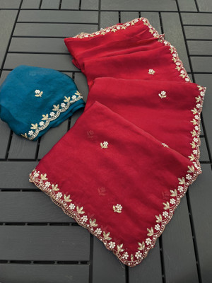 Zari and Ziba Embroidered Bollywood Jimmy choo Saree(Red)