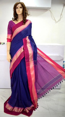 HouseOfCommon Printed Tant Pure Cotton Saree(Blue)