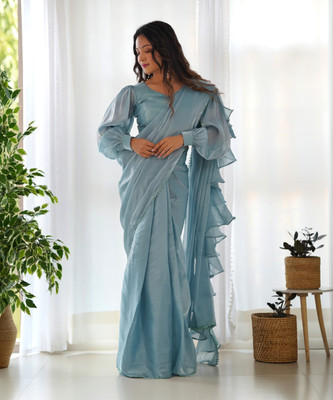 Cultise Solid/Plain Bollywood Organza Saree(Blue)