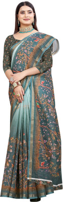 HangerStories Floral Print Kanjivaram Pure Cotton, Cotton Linen Saree(Blue)