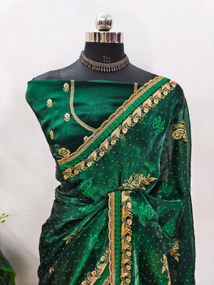 MIYANIFAB Embroidered Bollywood Jimmy choo Saree(Green)