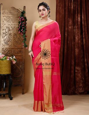 Bong ButiQ Solid/Plain Bollywood Handloom Cotton Blend Saree(Pink, Gold)