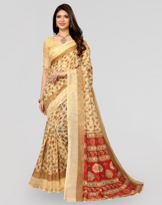 ANIRAV Printed Bollywood Cotton Linen Saree(Yellow)