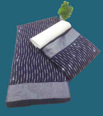 STARWOMEN Striped Bollywood Chanderi, Cotton Silk Saree(Pack of 2, Dark Blue)