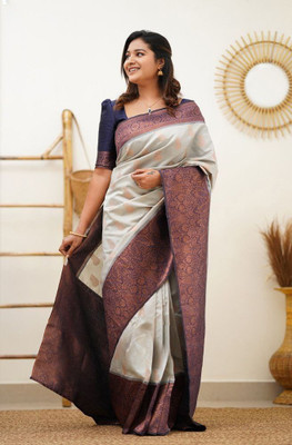 Quelea Embellished, Woven, Self Design Banarasi Silk Blend, Polyester Saree(Grey)