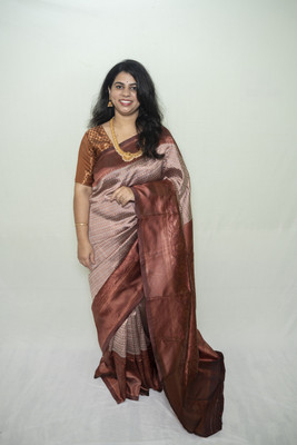 SnehaFashion Creation Woven Banarasi Silk Blend Saree(Beige)