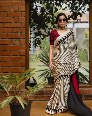 Vihan Fab Surat Printed Kalamkari Jacquard Saree(Black)