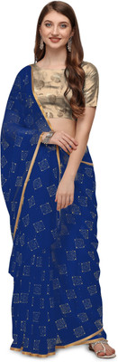 Prutha Fashions Printed Bollywood Chiffon Saree(Dark Blue)