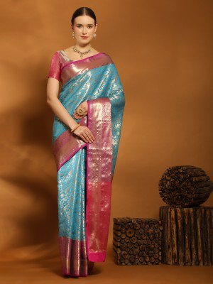 Keswi Fab Woven, Self Design, Embellished Kanjivaram Art Silk, Jacquard Saree(Light Blue, Pink)