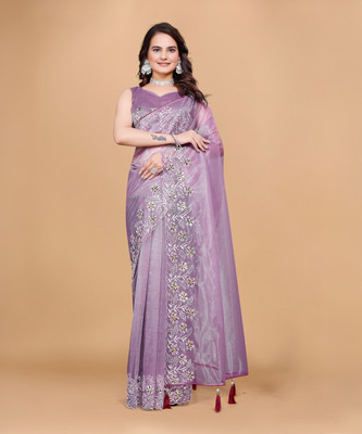 Tejal Creation Embroidered Bollywood Organza Saree(Beige)