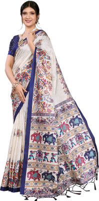 Priyashi Floral Print Daily Wear Art Silk Saree(White, Blue)