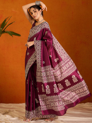 Sareemall Printed Chanderi Cotton Blend Saree(Magenta)