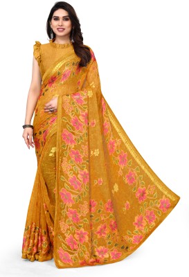 Madhur milan Printed, Floral Print, Woven Kalamkari Brasso, Georgette Saree(Mustard)