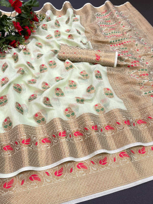Surati Sarees Woven Banarasi Cotton Silk Saree(Light Green)