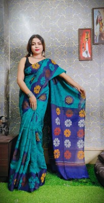 TITHISAREES Printed Sambalpuri Cotton Blend Saree(Blue)