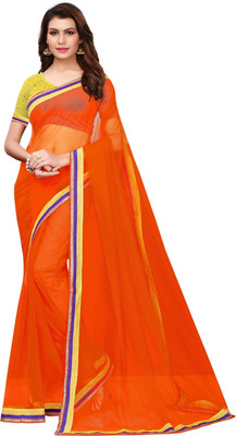 Anugrah Textile Solid/Plain Banarasi Lycra Blend, Chiffon Saree(Yellow)