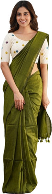 Trndysares Solid/Plain Handloom Handloom Cotton Blend Saree(Green)