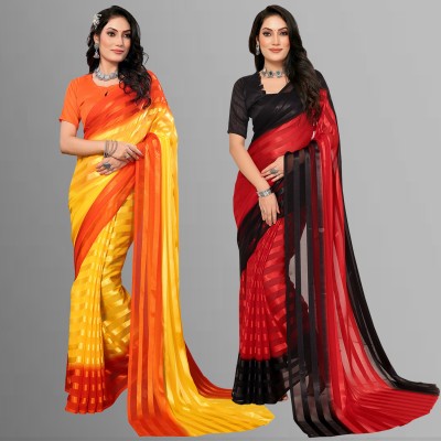 Anand Sarees Striped Bollywood Satin Saree(Pack of 2, Orange, Yellow, Black, Red)