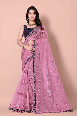 SROLY Embroidered Bollywood Net Saree(Pink)