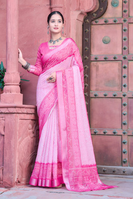 PHEASANT Printed Daily Wear Cotton Linen Saree(Pink)