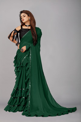 Maruti Creation Self Design, Solid/Plain, Digital Print, Dyed Bollywood Georgette, Chiffon Saree(Dark Green)