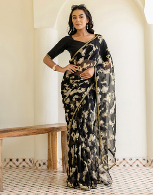 Divastri Geometric Print, Printed Daily Wear Chiffon Saree(Black, Beige)