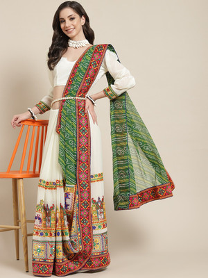 Divastri Self Design, Printed, Embroidered Bandhani Georgette, Jacquard Saree(Green, Beige)