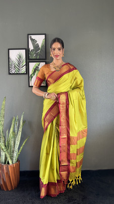 Apnisha Printed Kanjivaram Cotton Silk Saree(Light Green, Brown)