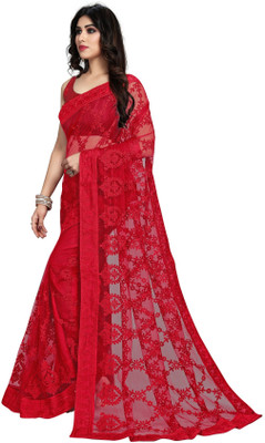JIVI CLOTHING Solid/Plain, Embroidered Bollywood Net Saree(Red)