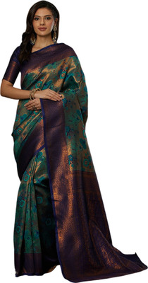 Pranjal Printed, Woven Bandhani Silk Blend Saree(Green)