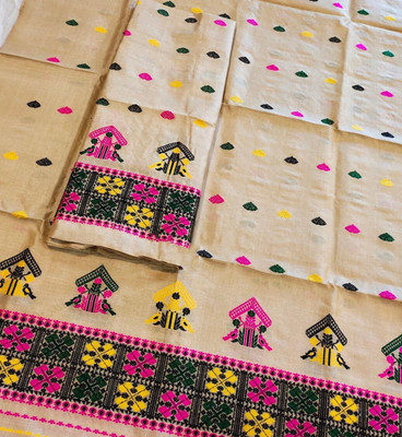 white desert Self Design Mekhela Chador Cotton Silk Saree(Beige)