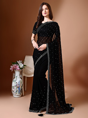 Leelavati Embellished Bollywood Chiffon Saree(Black)