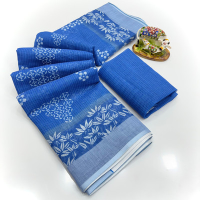SDGRATITUDE Printed Banarasi Linen, Cotton Linen Saree(Dark Blue)