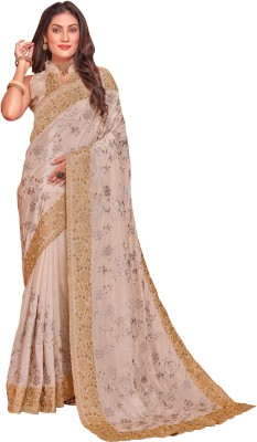 MANU FASHION ERA Embroidered Bollywood Crepe, Silk Blend Saree(Beige)
