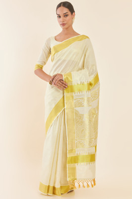 soch Woven Kasavu Tissue Saree(Cream)