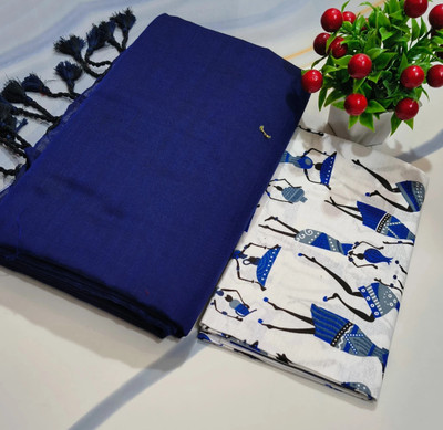 HouseOfCommon Solid/Plain Handloom Cotton Blend Saree(Pack of 2, Dark Blue)