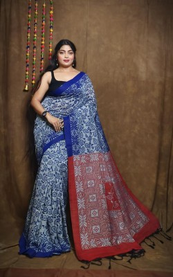 Rnn Saree Printed Sambalpuri Pure Cotton Saree(Blue, Red)