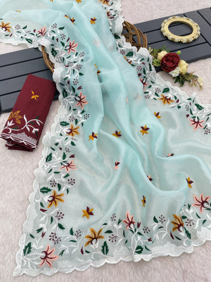 Vrati Creation Embroidered Bollywood Organza Saree(Light Blue)