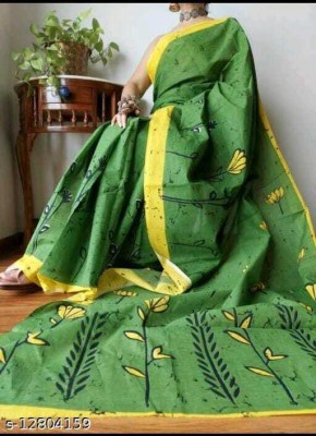 NIKHILAM Printed Daily Wear Pure Cotton Saree(Green)