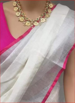 HAIDER ALI AND SONS Solid/Plain Bollywood Cotton Blend Saree(White)