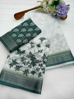 DEVICE of NT Printed, Woven Kanjivaram Pure Cotton, Cotton Linen Saree(White)