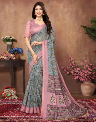 YASHIKA Printed Bollywood Linen Saree(Grey)
