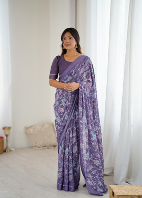 LeeliPeeri Designer Floral Print Daily Wear Satin Saree(Purple)